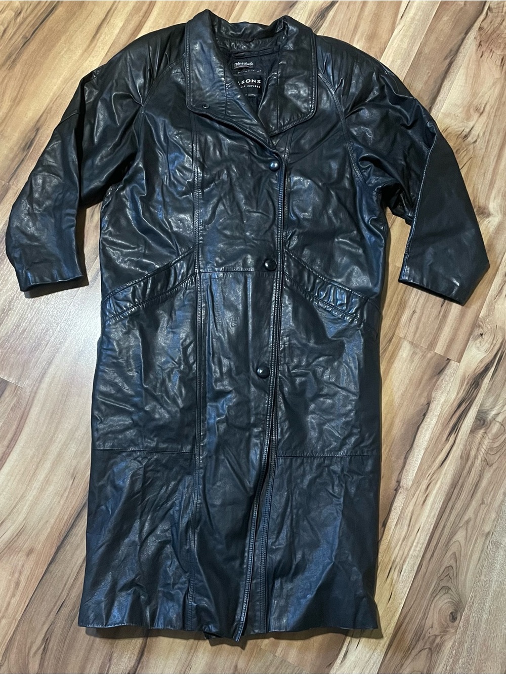VTG 90s Wilsons Leather Long Duster Coat Black Medium Matrix Goth Thinsulate